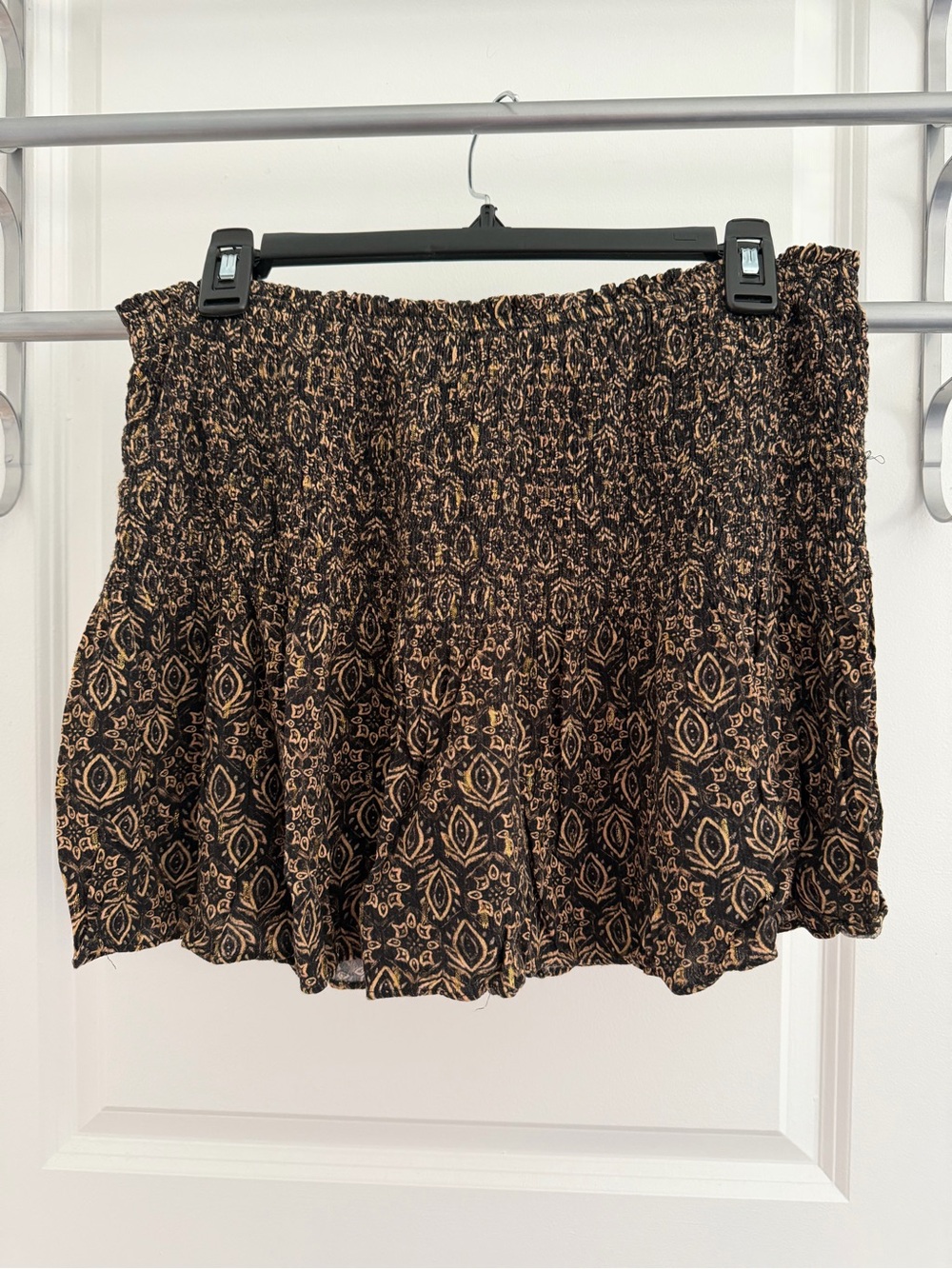 Zara Black and Tan Smocked Mini Skirt with Floral Motif